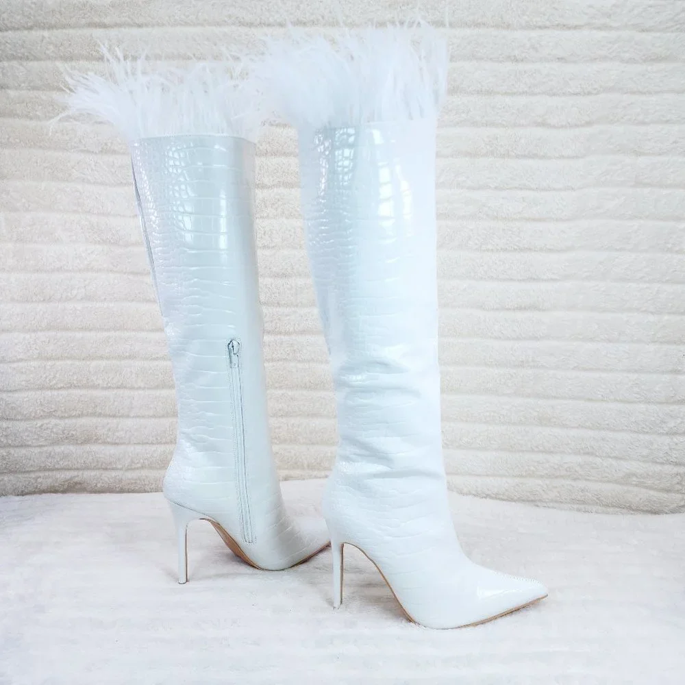 Flirty White Snake Texture Knee High Heel Stiletto Boots Sexy Feather Top
